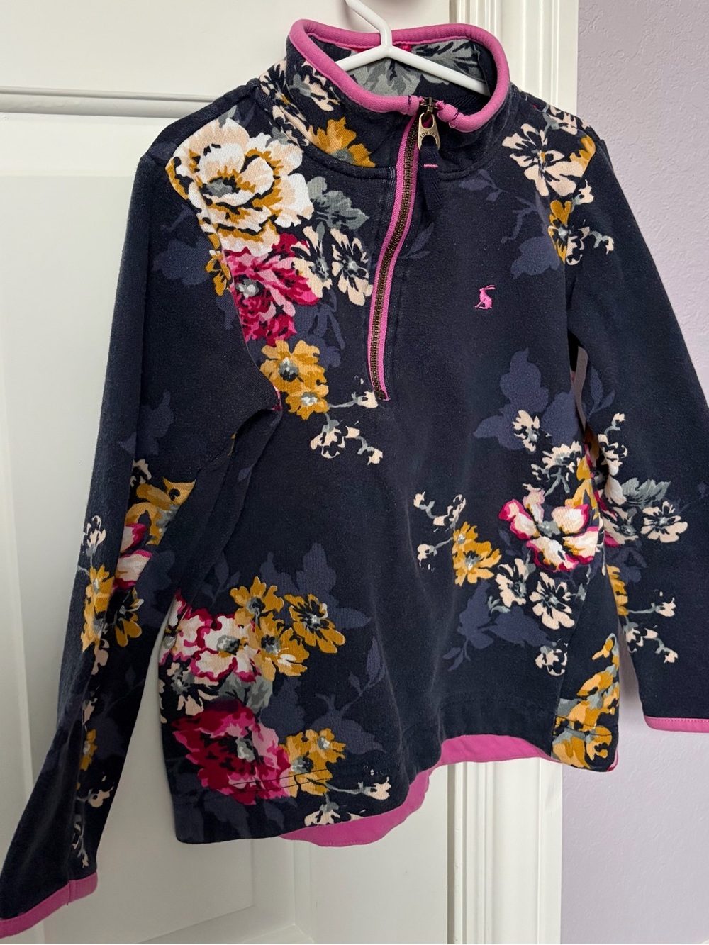 Kids Joules Navy Floral Quarter-Zip Sweatshirt with Pink Trim